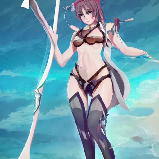 Image similar to an anime woman in an outfit made of water is doing a trick with bow and arrow, concept art by senior character artist, polycount contest winner, process art, concept art, 2d game art, artstation hd