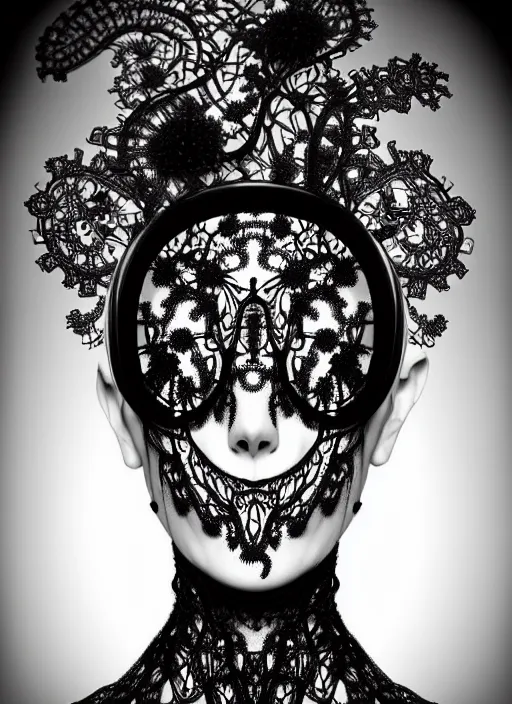 Image similar to surreal black and white photo portrait of complex bio-mechanical beautiful young female vegetal-cyborg with a Mandelbrot fractal steampunk metal fine lace face, a very long neck and a fine metal floral foliage super big lace collar by Alexander McQueen:: high fashion, haute couture, rococo, steampunk, silver filigree details, anatomical, facial muscles, cable wires, microchip, elegant, dreamy, foggy, hyper realistic, 150 mm lens, soft rim light, octane render, unreal engine, picture was taken in 1910 by Dora Maar, volumetric lighting, dramatic light,8k,