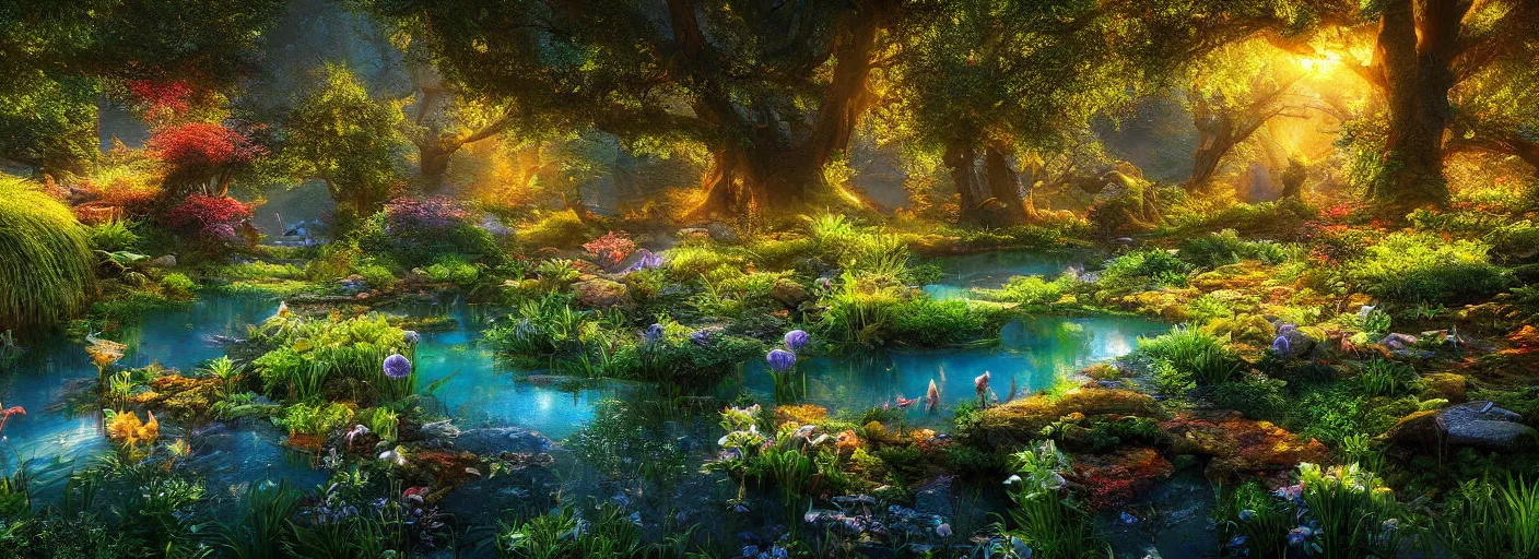 Image similar to photograph of enchanted garden, clear blue pond in the middle, rays of light by marc adamus, highly detailed, intricate detail, cinematic lighting