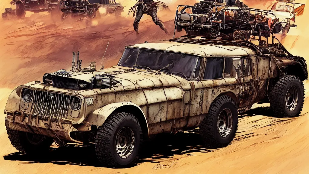 Prompt: digital illustration of mad max's fj 4 0 pursuit special riding fury road eternal shiny and chrome, the last v 8 interceptor driving down to the gates of valhalla highway in the middle of the day, anime style, year 2 0 9 3, by makoto shinkai, ilya kuvshinov, lois van baarle, rossdraws, basquiat