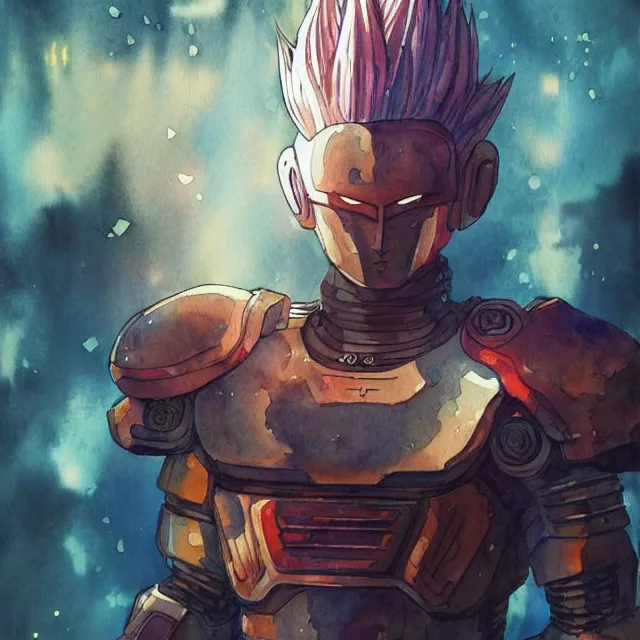 Image similar to a watercolor painting full body character portrait of a cyborg super saiyan knight with a broken halo floating over their head in the style of cyberpunk in the style of moebius trending on artstation deviantart pinterest detailed realistic hd 8 k high resolution