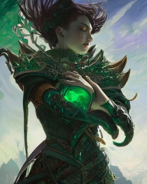 Image similar to Fantasy emerald knight, moonlit, HD, illustration, epic, D&D, fantasy, intricate, elegant, highly detailed, digital painting, artstation, concept art, smooth, sharp focus, illustration, art by artgerm and greg rutkowski and alphonse mucha, monster hunter illustrations art book