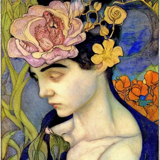 Image similar to the flower prince, by Annie Swynnerton!!!! and Nicholas Roerich! and (Edmund Dulac) and ((((Diego Rivera)))), bioluminescent skin, floral tattoos, elaborate costume, geometric ornament, symbolist, rich colors, dramatic lighting, smooth, sharp focus, extremely detailed