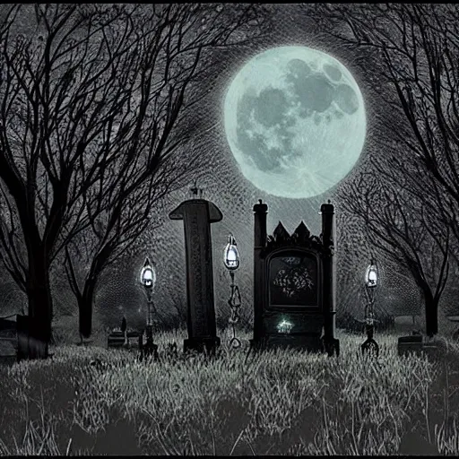 Image similar to lit chandeliers falling in a graveyard, moonlight sky, haunting, ravens, ghostly vibe