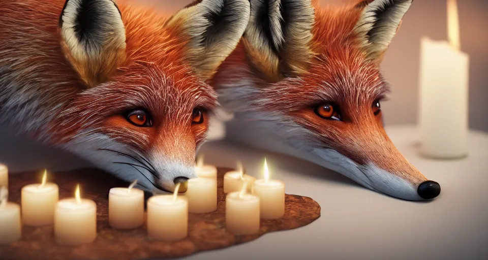 Image similar to a beautiful hyper realistic ultra detailed lifelike matte painting of a fox in front of a candle, unreal engine, deviantart, flickr, artstation, octane render, textured, colorful, extreme realistic detail, physically based rendering, pbr render, very detailed, volumetric lighting, detailed lighting, octane render, 4 k, cinematic lighting, 8 k resolution