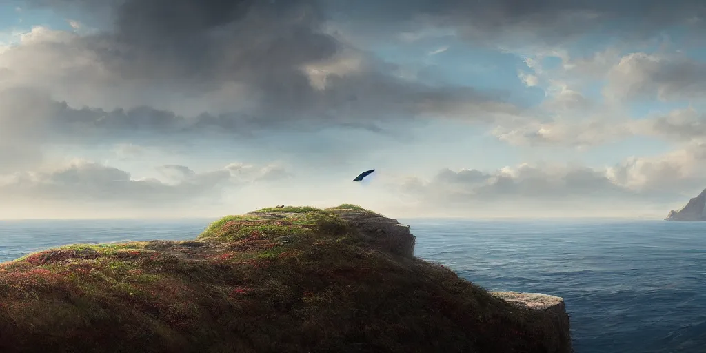 Prompt: Field on the edge of a cliff overlooking an ocean with a whale in it by Jessica Rossier