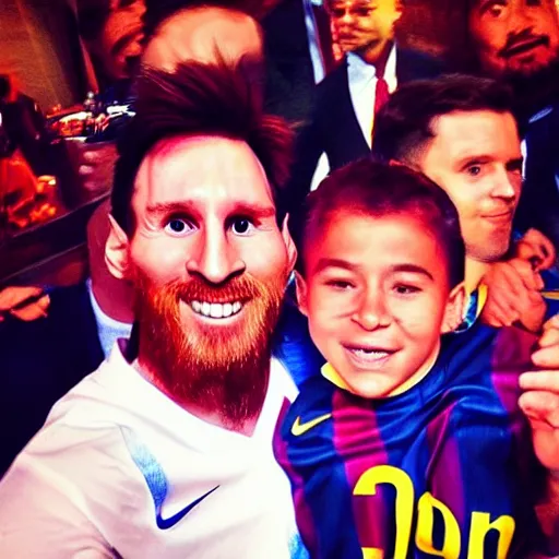 Image similar to just took a photo with a Lionel Messi, viral photo, instagram photo, the camera flash is bright in his face,