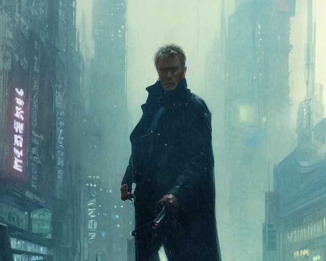 Image similar to 2 0 1 8 blade runner movie young man young clint eastwood western look at the cityscape from roof perfect face fine realistic face pretty face reflective polymer suit tight neon puffy jacket blue futuristic sci - fi elegant by denis villeneuve tom anders zorn hans dragan bibin thoma greg rutkowski ismail inceoglu illustrated sand storm alphonse mucha