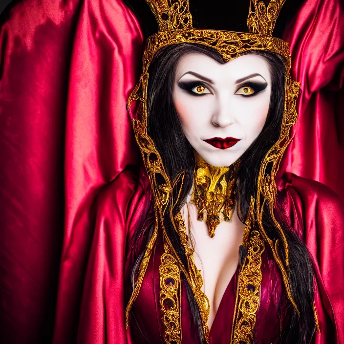 Prompt: professional photograph of a beautiful vampire queen with ornate robes. extremely detailed. dslr. 5 0 mm 8 k