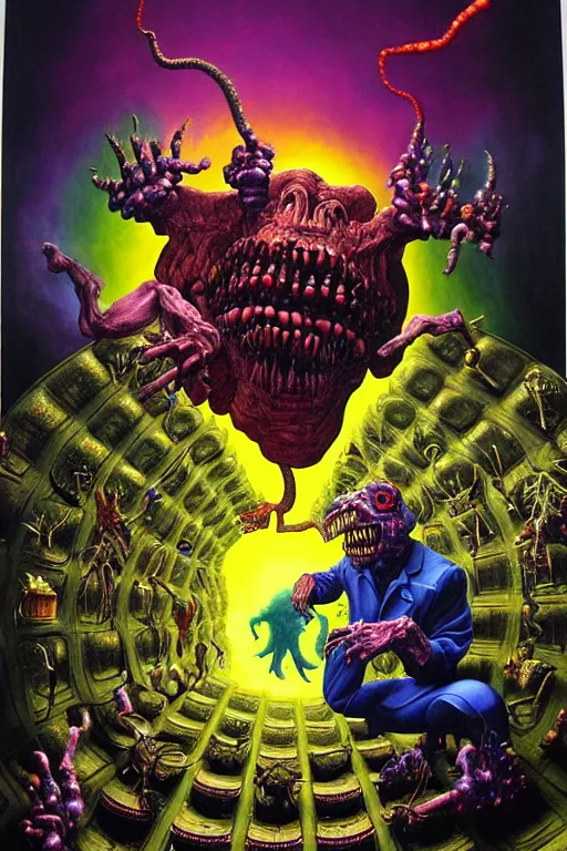 Image similar to a hyperrealistic painting of an epic boss fight against an evil physics mathematician, cinematic horror by chris cunningham, lisa frank, richard corben, highly detailed, vivid color,