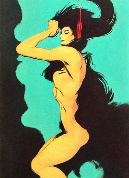 Prompt: black voluminous hair, strong line, vibrant color, beautiful! coherent! by frank frazetta, high contrast, minimalism