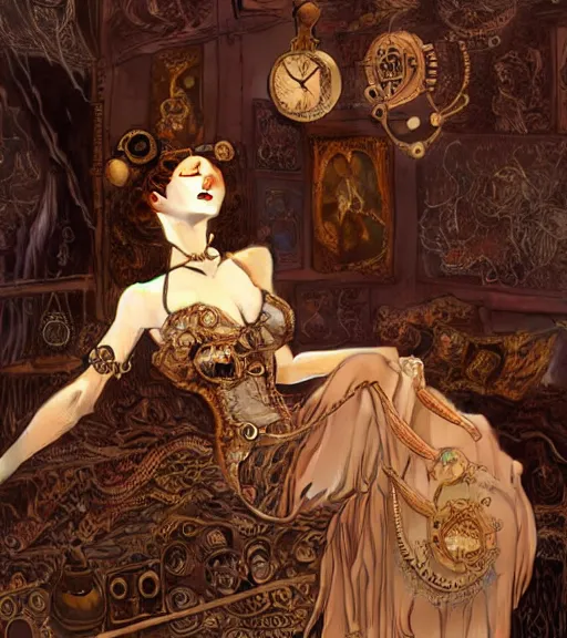Image similar to woman model, intricate steampunk, clothes in a bedroom!!!!!!!!!!!!!!!!!!!!, vaporwave, intricate clothes, elegant, highly detailed, digital painting, artstation, concept art, smooth, sharp focus, illustration, art by krenz cushart and artem demura and alphonse mucha