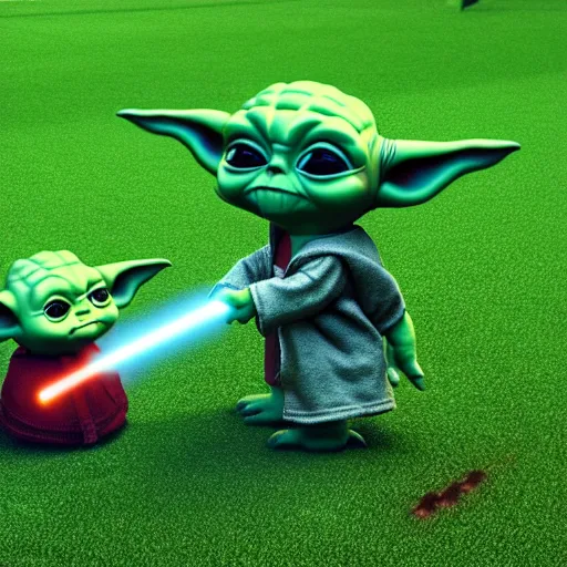 Prompt: baby yoda kicking penalty kick, baby darth vader is goalie, lucasfilm, realistic render, trending on artstation, octane render, unreal engine