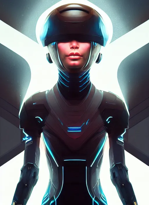 Image similar to symmetry!! portrait of side!! of a female character with helmet fantasy, sci - fi, tech wear, glowing lights!! intricate, elegant, highly detailed, digital painting, artstation, concept art, smooth, sharp focus, illustration, art by julian del rey and greg rutkowski