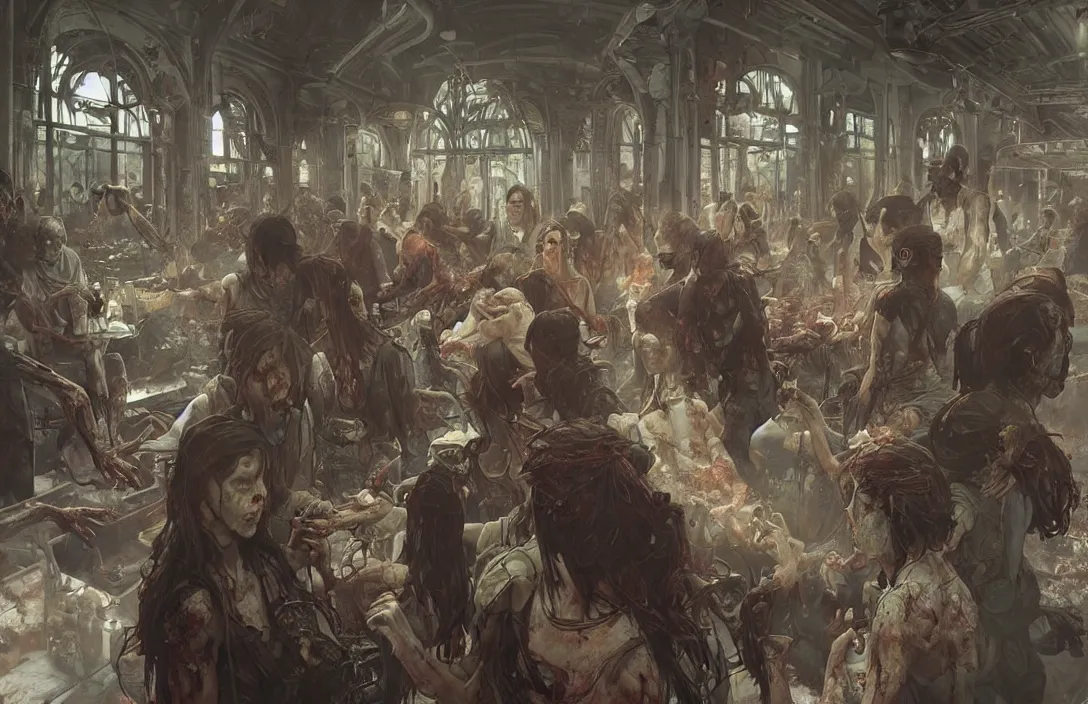 Image similar to painting of zombie apocalypse in subway, ultra realistic, concept art, intricate details, eerie, highly detailed, photorealistic, octane render, 8 k, unreal engine. art by artgerm and greg rutkowski and alphonse mucha