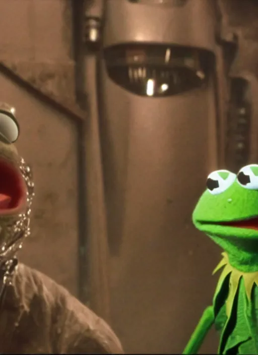 Image similar to film still of (Kermit the Frog) as The Terminator in Terminator, 4k