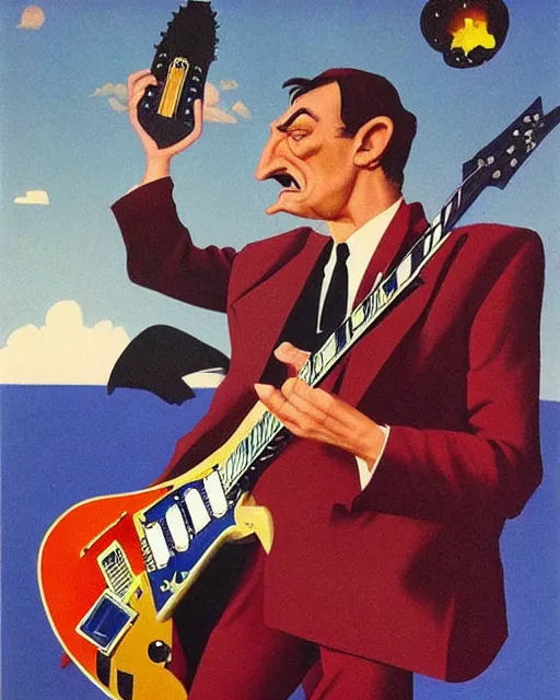 Prompt: Barry Chuckle shredding on a Gibson Flying V, guitar solo, heavy metal artwork by René Magritte