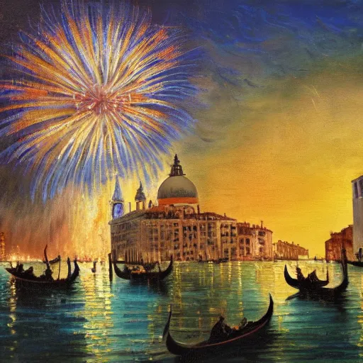 Prompt: an oil painting of fireworks, with happy people in venice