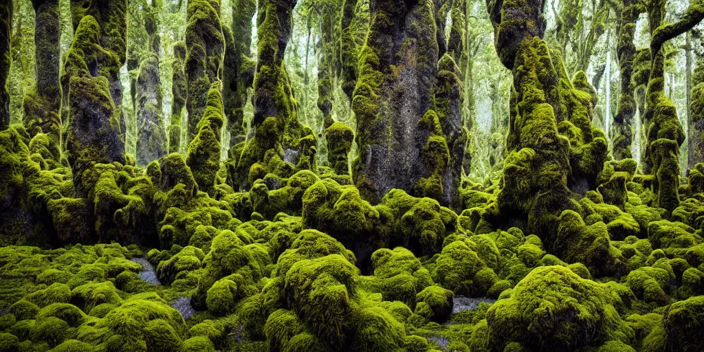 Image similar to photo of a landscape with lush forest, wallpaper, very very wide shot, iceland, new zeeland, green flush moss, national geographic, award landscape photography, professional landscape photography, iwagumi design, big sharp rock, ancient forest, primordial, sunny, day time, beautiful