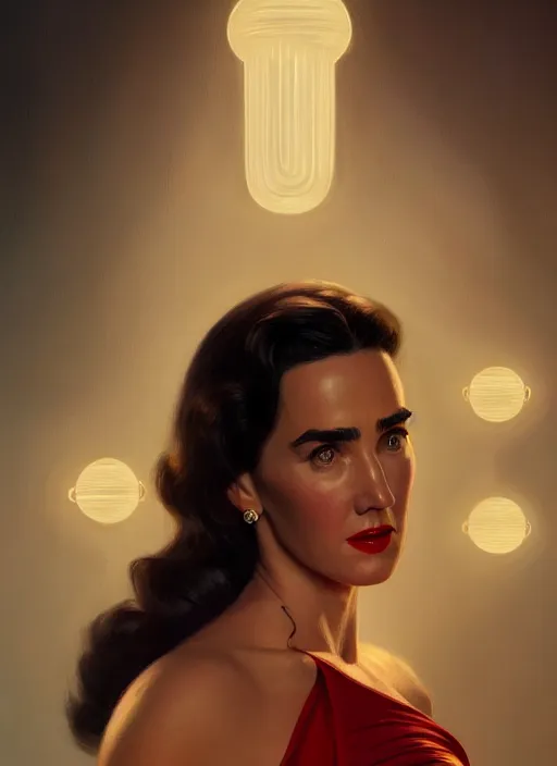 Image similar to portrait of 1 9 5 0 s darna, jennifer connelly, intricate, elegant, glowing lights, highly detailed, digital painting, artstation, glamor pose, concept art, smooth, sharp focus, illustration, art by wlop, mars ravelo and greg rutkowski