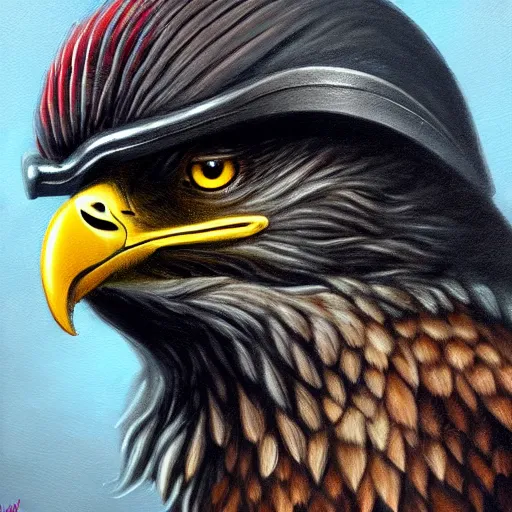 Prompt: A extremely detailed painting of a eagle with a fighterjet-helmet, standing bird, sharp claws, cloudy, midnight, smoke, ultra high detail digital art, trending on Artstation, unreal engine