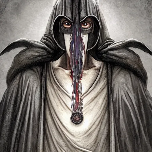 Image similar to 4K headshot portrait of godlike Plague Doctor of Nazareth with defined arms and open hands and bloody clothes with giant mandala wings , intricate face , flawless anime cel animation by Kentaro Miura, psychedelic , highly detailed upper body , professionally post-processed , beautiful, scary, symmetry accurate features, epic, octane rendered, anime masterpiece, accurate by Craig Mullins, ilya kuvshinov, krenz cushart, epic , artgerm trending on artstation by Edward Hopper and Dan Mumford and WLOP and Rutkovsky, beksinski carl spitzweg moebius and tuomas kocar, intricate artwork by caravaggio, Unreal Engine 5, Lumen, Nanite