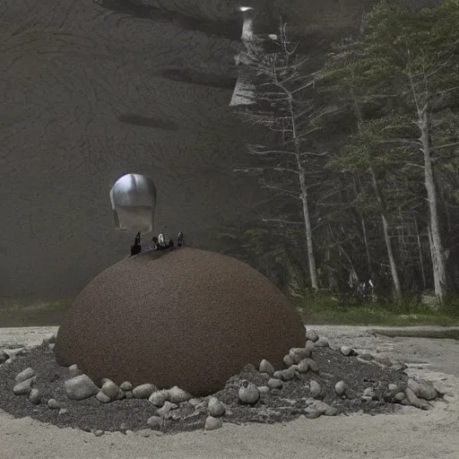 Prompt: a sculpture made of steel, depicts yuuta bond touching down in a drop pod in a plume of dust and rocks. a town councilor watches silently from afar. the work is infused with the idea of despair and is done in an impressionistic style. unusually for this kind of work, the scene takes place inside a district built near a forest