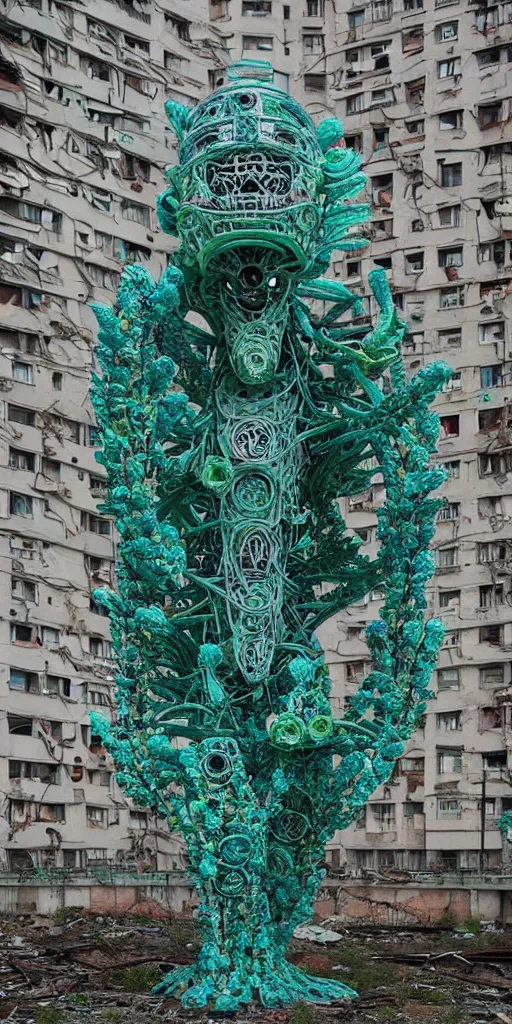 Image similar to colossal psyhedelic alien predator flower made from worst unfulfilled mankind projects in the middle of abandoned post soviet constructivist cityscape, Stalinist architecture, ultradetailed, Intricate by Niruyoshi Ohrai and Hayao Miyazaki and Josan Gonzalez