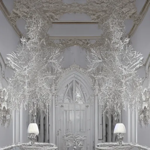 Prompt: Gothic baroque white room furnished with baroque furniture made of white porcelain and white veils, an intricate chandelier of blown branches forming a cloud, and shattering white porcelain objects, a trap door in the floor is the passage to another dimension, beautiful white ghosts with long robes and intricate white jewels float in the room. trending on artstation