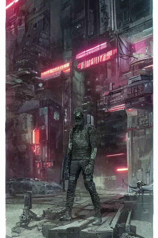 Image similar to Deadly blackops mercenary. cyberpunk. Blade Runner 2049. concept art by James Gurney and Mœbius.