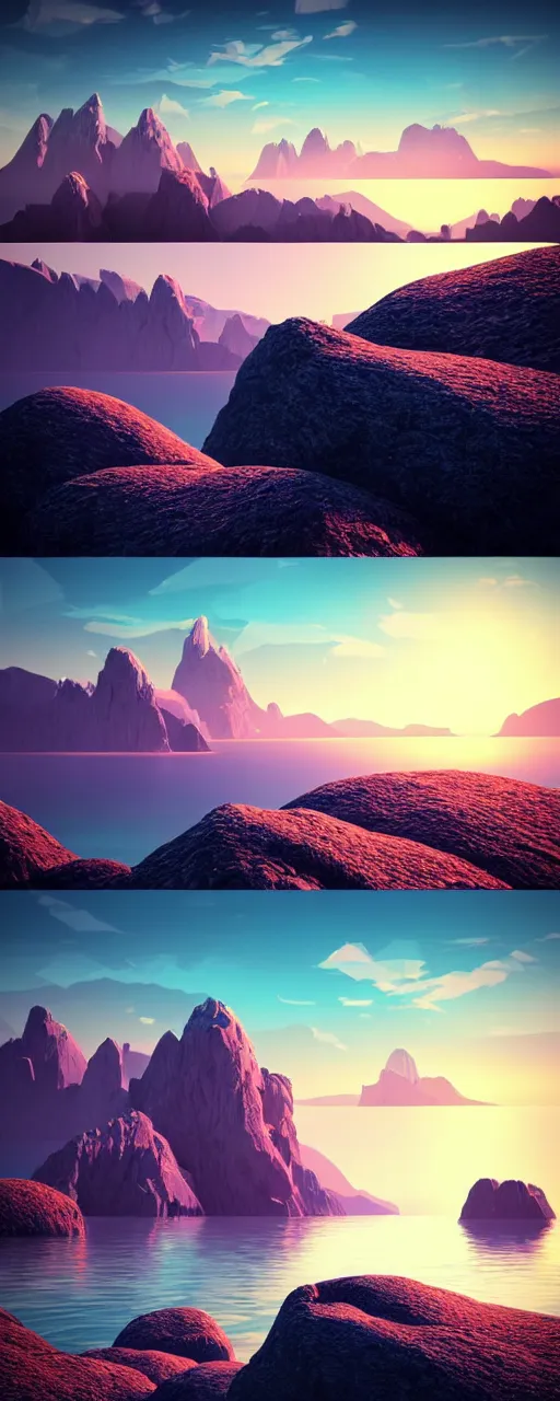 Image similar to super detailed color lowpoly art, northern sunset with rocks on front, monochrome photorealistic bay in the middle of perspective and mountains at background, big graphic ship in random point of bay, unreal engine, high contrast color palette, 3 d render, lowpoly, colorful, digital art, perspective