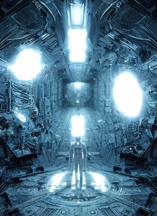 Image similar to symmetry concept art by craig mullins alien in futuristic dark and empty spaceship. infrared glowing lights. complex and hyperdetailed technical suit. mandelbulb fractal. reflection and dispersion materials. rays and dispersion of light. volumetric light. 5 0 mm, f / 3 2. noise film photo. flash photography. unreal engine 4, octane render. interstellar movie art