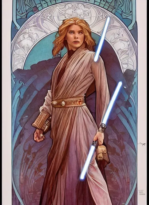 Image similar to movie poster by iain mccaig and magali villeneuve and drew struzan and alphonse mucha, a very beautiful!!!! woman jedi master, highly detailed. star wars original trilogy, she is about 2 0 years old, wearing jedi robes.
