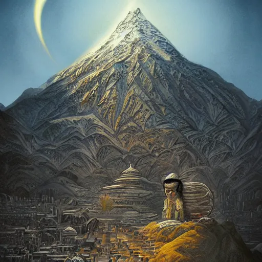 Prompt: omar shanti himalaya tibet, by giger, acrilic paint, digital, artstation, detailed intricate ink illustration, heavenly atmosphere, digital art, overdetailed art, concept art, complementing colors, trending on artstation, cgstudio, the most beautiful image ever created, dramatic, subtle, details, award winning artwork, beautiful scenery