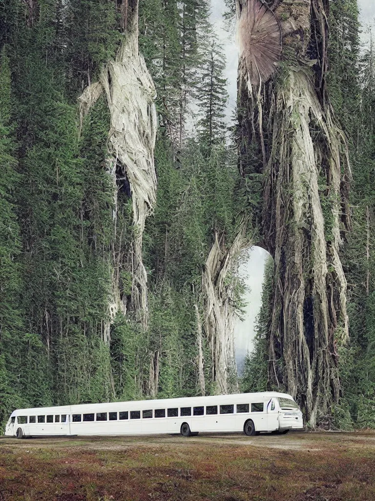 Image similar to a white school bus in the forest driving through a portal, hyper-detailed, digital art, artist Bev Dolittle