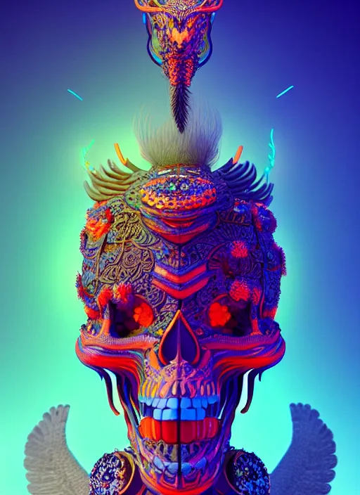 Prompt: a wlop 3 d render of goddess, 8 k micro details beautiful intricate highly detailed quetzalcoatl skull and feathers. bioluminescent, fire, snow, thunderstorm! artwork by tooth wu and wlop and beeple and greg rutkowski, trending on artstation,