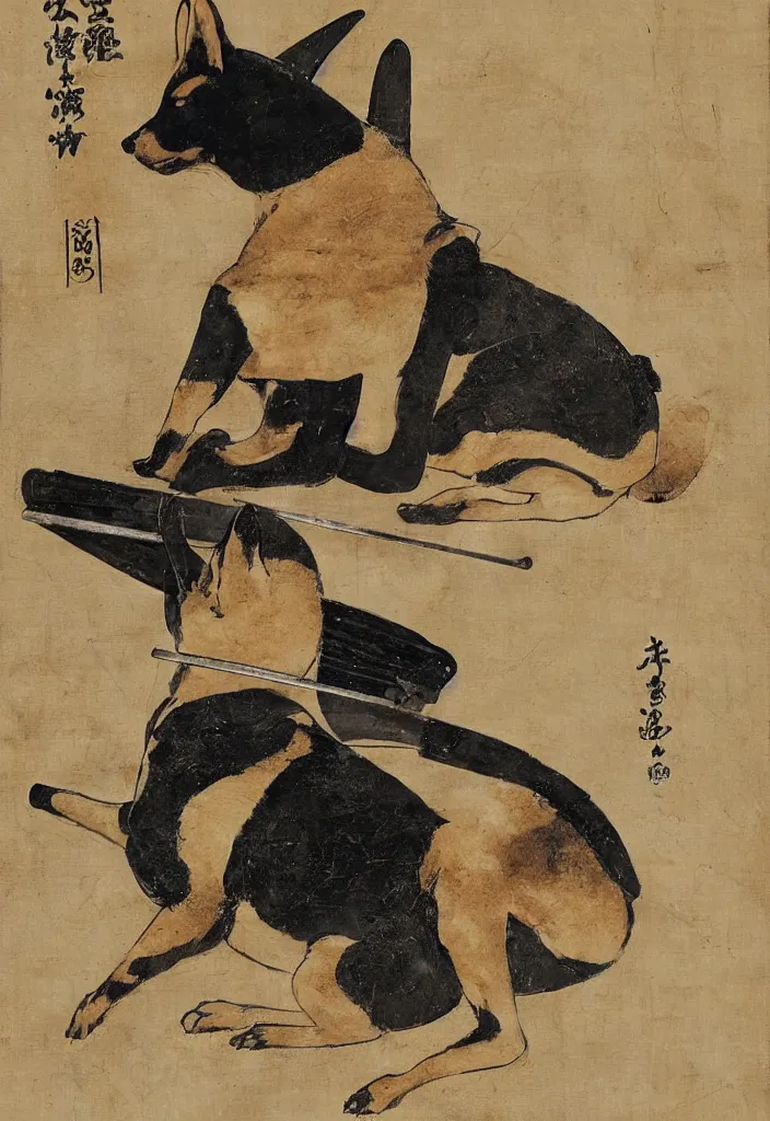 Image similar to a shiba-inu-samurai general waking up from a nap on the battlefield, his trusty katana at his side, artwork on loan from the historical dog society of japan