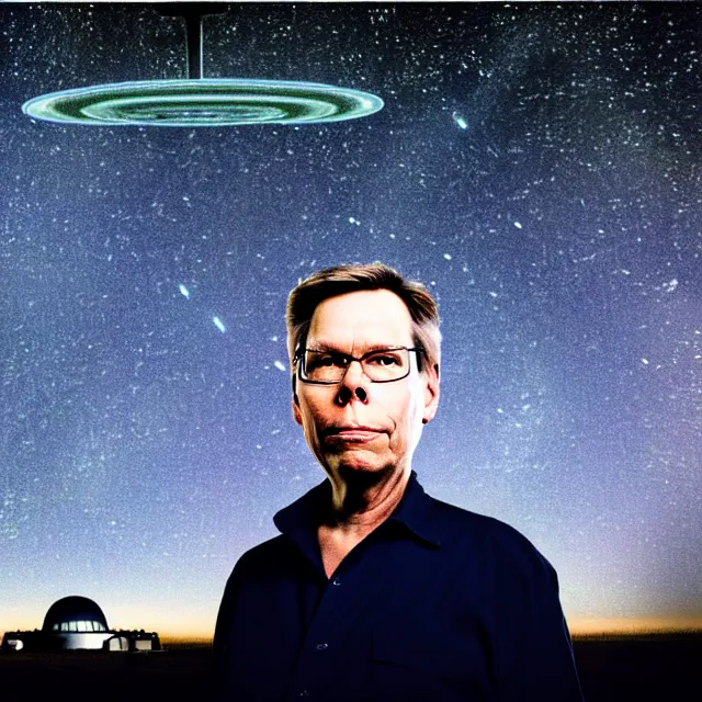 Image similar to a photo of bob lazar standing in area 5 1, alien spaceship and flying saucers inside hangar with open doors in background, starry night sky, cinematic lighting, detailed symmetrical face, photorealistic, highly detailed