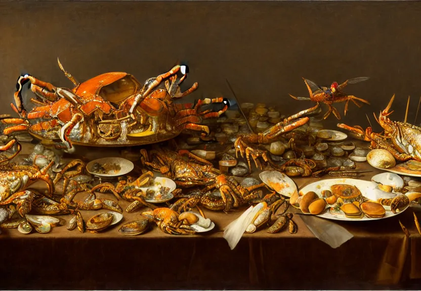 Prompt: an opulent banquet of food covered with fat colorful lumpy crabs, there are hummingbirds flying around, reclaimed lumber, detailed and intricate environment, hyperrealism, food photography, rembrandt