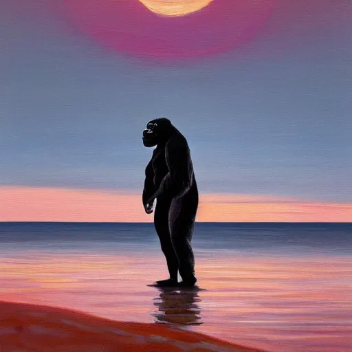 Prompt: oil painting of a gorilla standing on a small island surrounded by shallow water and trees at sunset, trending on artstation