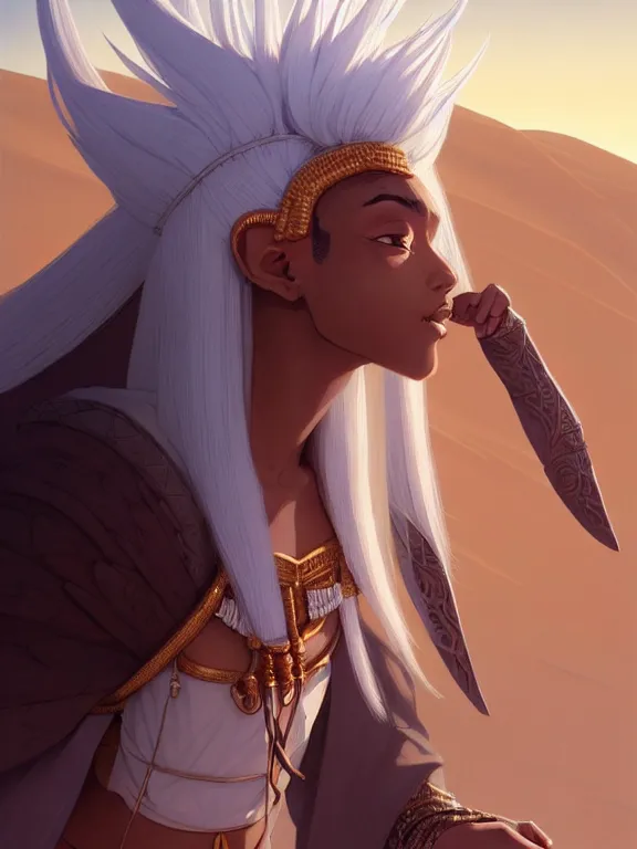 Prompt: close up picture of a cute robe girl with white hair brown skin and big knight colosuss, crossing the desert, beautiful and aesthetic, detailed face, intricate, highly detailed, smooth, sharp focus, trending on artstation, art by mika pikazo and yomu and ilya kuvshinov and rembrandt and greg rutkowski, fantasy illustration