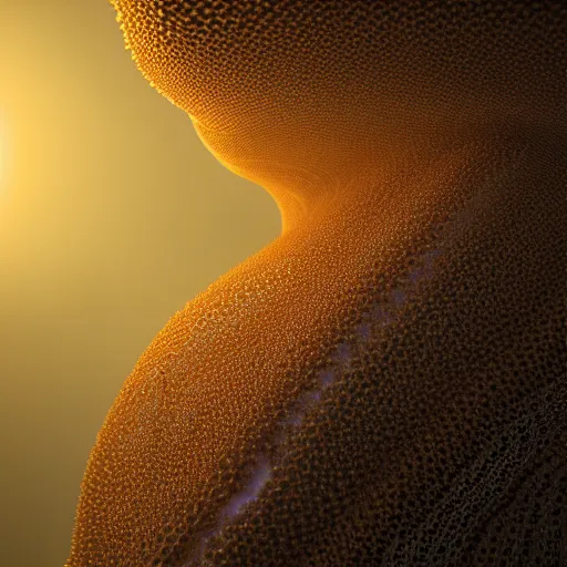 Image similar to a highly detailed 3 d render in octane and vray of slime mold made of cellular automata according to golden ratio pattern floating in space. beautiful mystical lighting, mist, sigma 2 4 mm