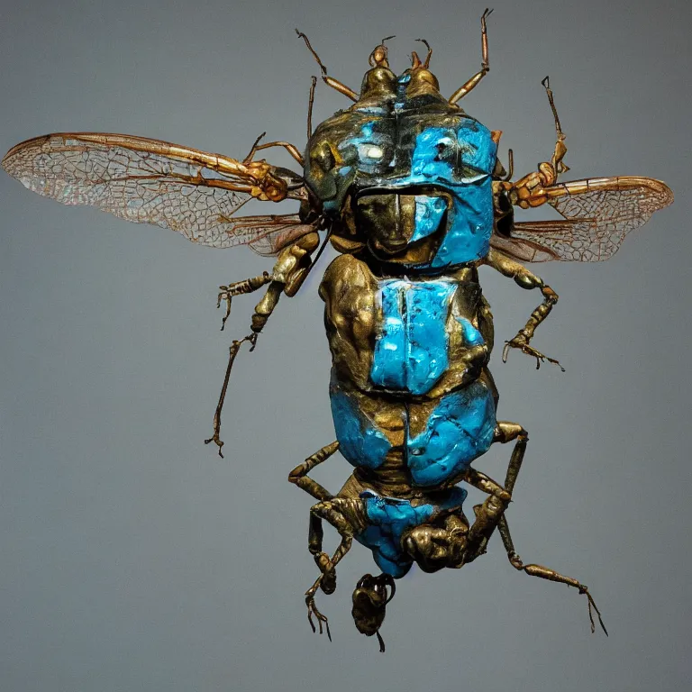 Prompt: hyperrealistic sculpture of a bronze fossilized wentletrap cicada dusted with blue spraypaint in a grid cage on a pedestal by ron mueck and duane hanson and lee bontecou, hyperrealistic dramatic colored lighting trending on artstation 8 k