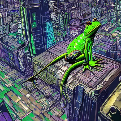 Prompt: frog looking over cyberpunk city, highly detailed, vector art, digital painting, hdr, raytracing, art by george warner allen, henry anderton