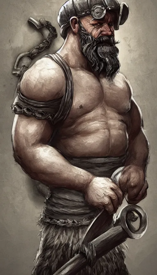 Image similar to the blacksmith, very strong, muscular, big hammer, anvil, beard, cheeky, coloured, fame of thrones, fibonacci, sweat drops, intricate fashion clothing, insane, intricate, highly detailed, surrealistic, digital painting, artstation, concept art, smooth, sharp focus, illustration, Unreal Engine 5, 8K, art by artgerm and greg rutkowski and alphonse mucha