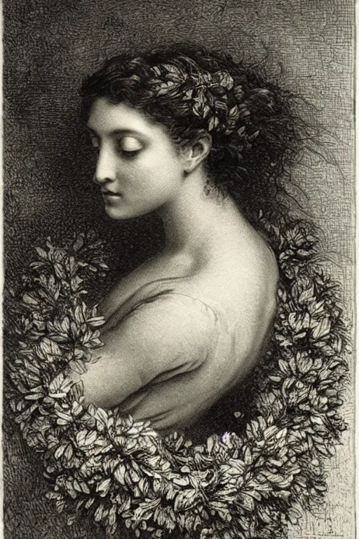 Prompt: extreme close-up, portrait of a beautiful french woman from behind with a wreath, Gustave Dore lithography