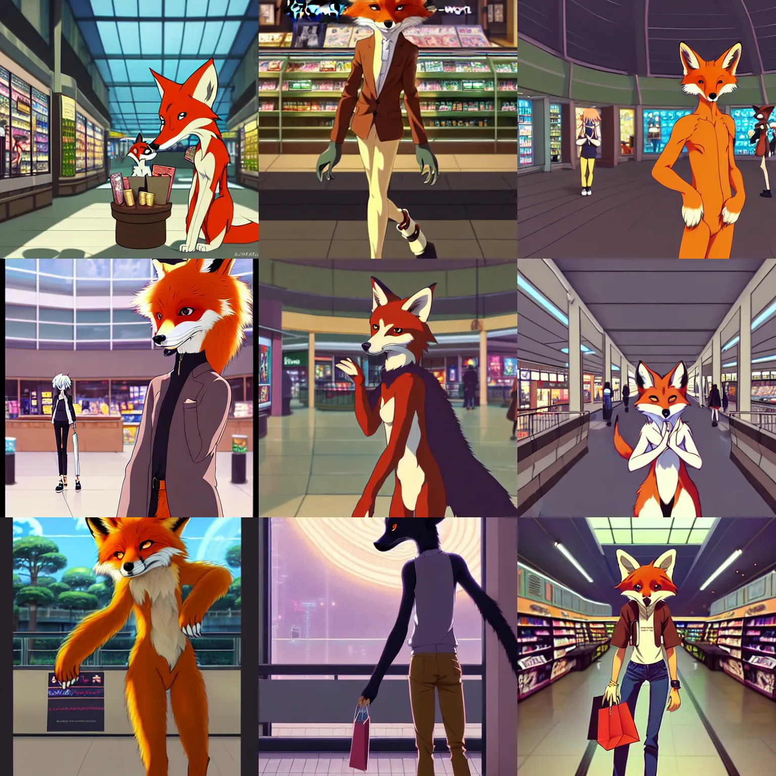 Prompt: anthro art commission of an anthropomorphic natural furry ( ( fox ) ) person shopping at a futuristic mall, photorealistic, key anime art, makoto shinkai, james gurney, don!!!! bluth!!!!, disney!!!!, hibbary, dark natasha, goldenwolf, furaffinity, fursona