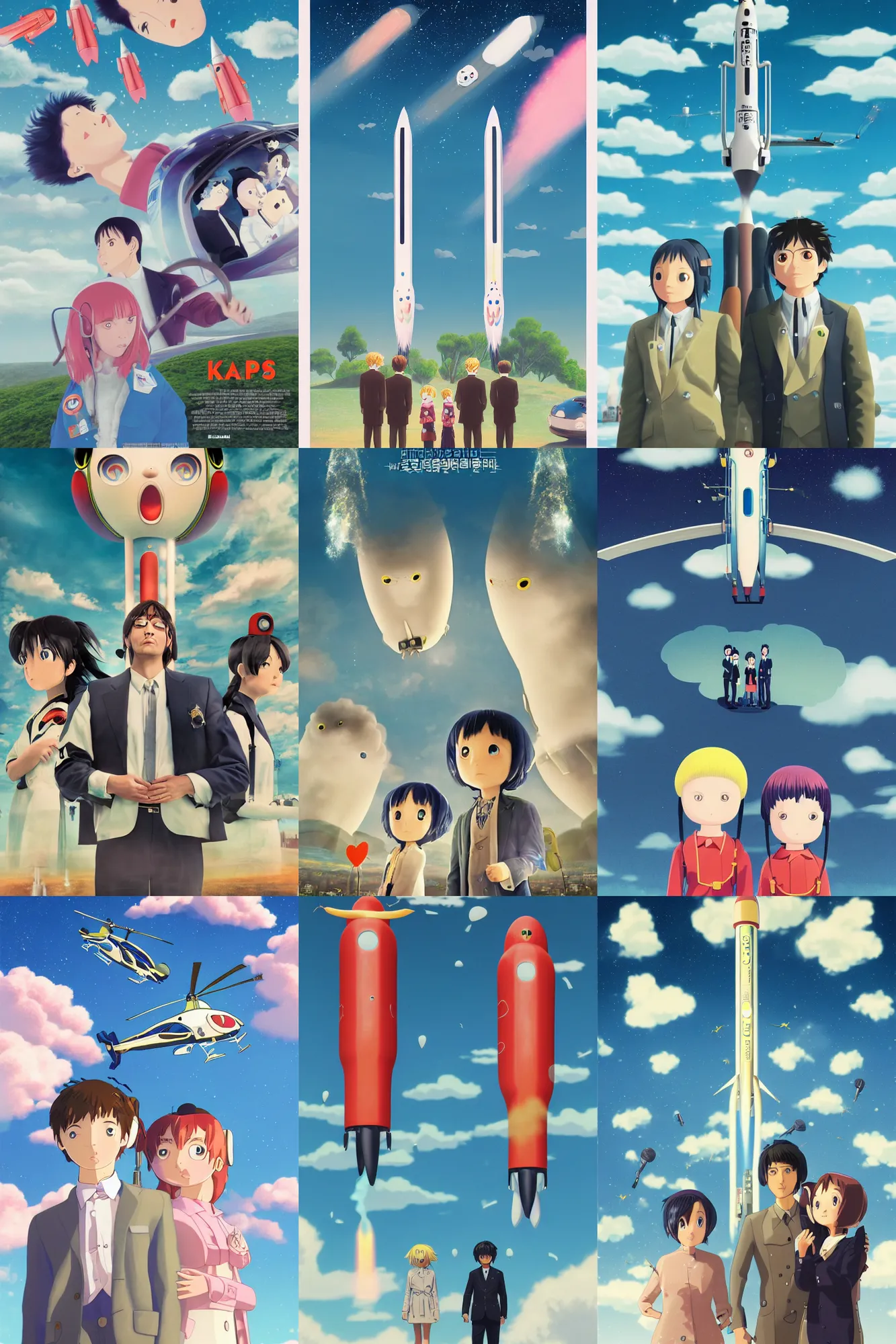 Prompt: time at a helicopter rocket launch solving epic mysteries, Klaus Movie Twins poster, artwork by Chiho Aoshima, a Rendering illustration of a cinematic beautiful closeup moment of three friends standing facing toward their love, full of details, full view, Matte painting, trending on artstation, Mamoru hosoda