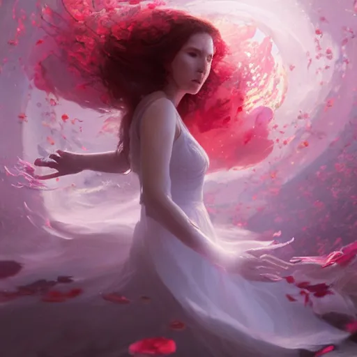 Image similar to faceless scarlet witch in a swirling sundress of flowers, floral explosion, radiant light, vortex of plum petals, oil painting, Tooth Wu, Greg Rutkowski, RPG portrait, dynamic lighting, fantasy art, High contrast, depth of field