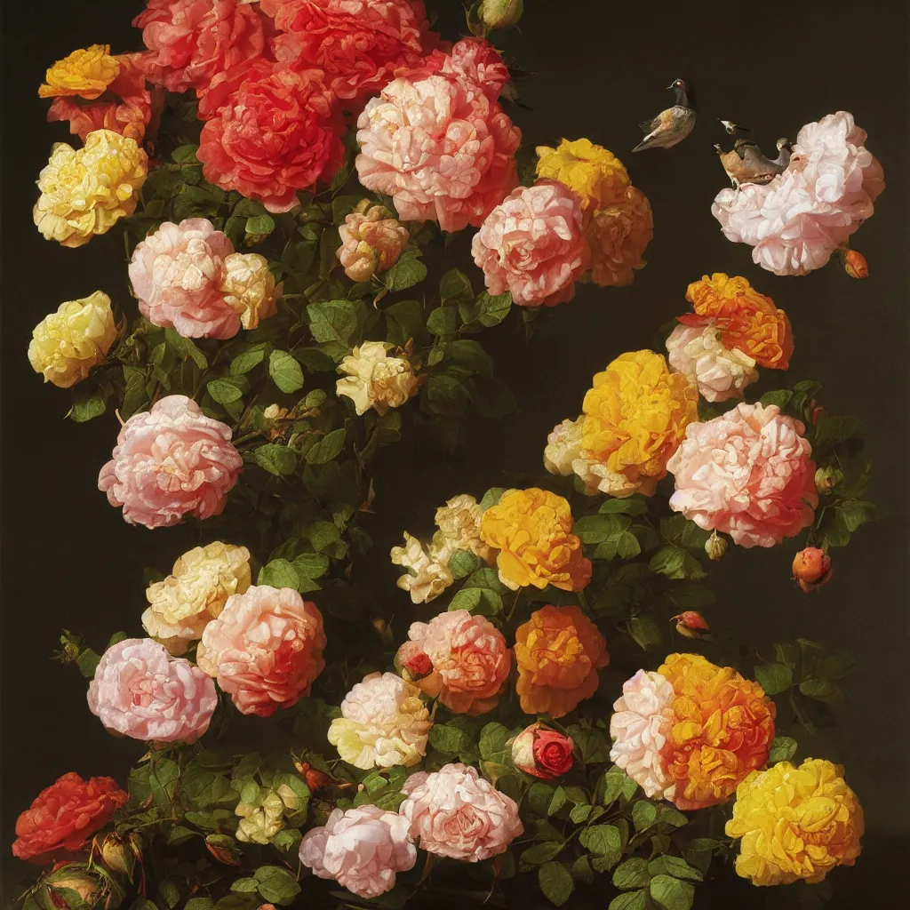 Image similar to a nosegay of roses, marigolds and a pigeon, by Rachel Ruysch, 1695